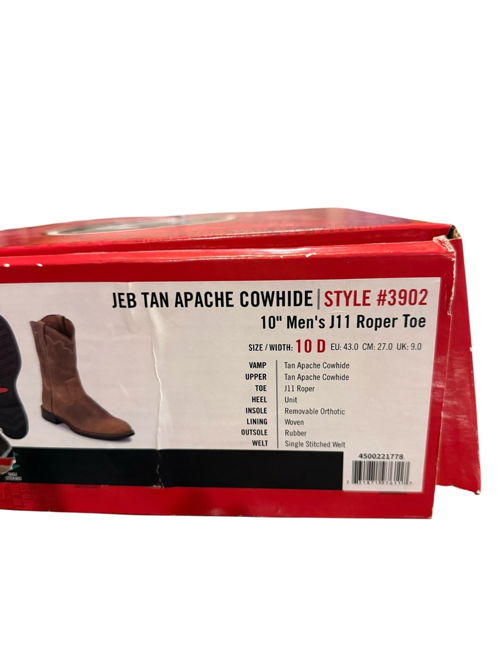 Justin Jeb Apache Cowhide Roper Boots Tan Style 3902 Men’s Size 10 D NWT $189.99 - Picture 14 of 14